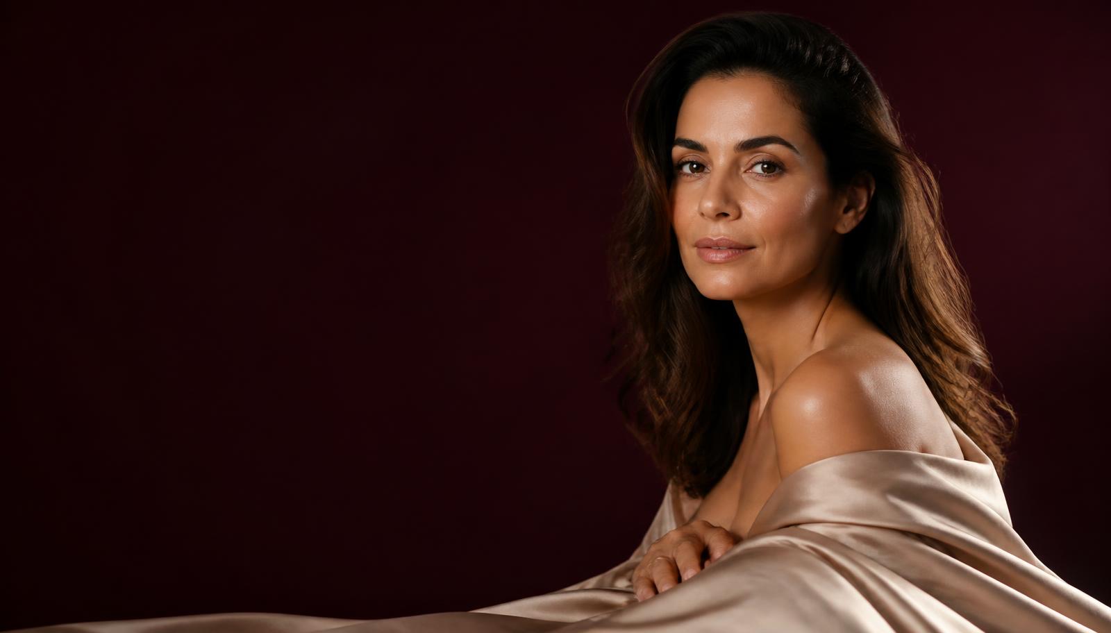 Mulher em cenário editorial vinho