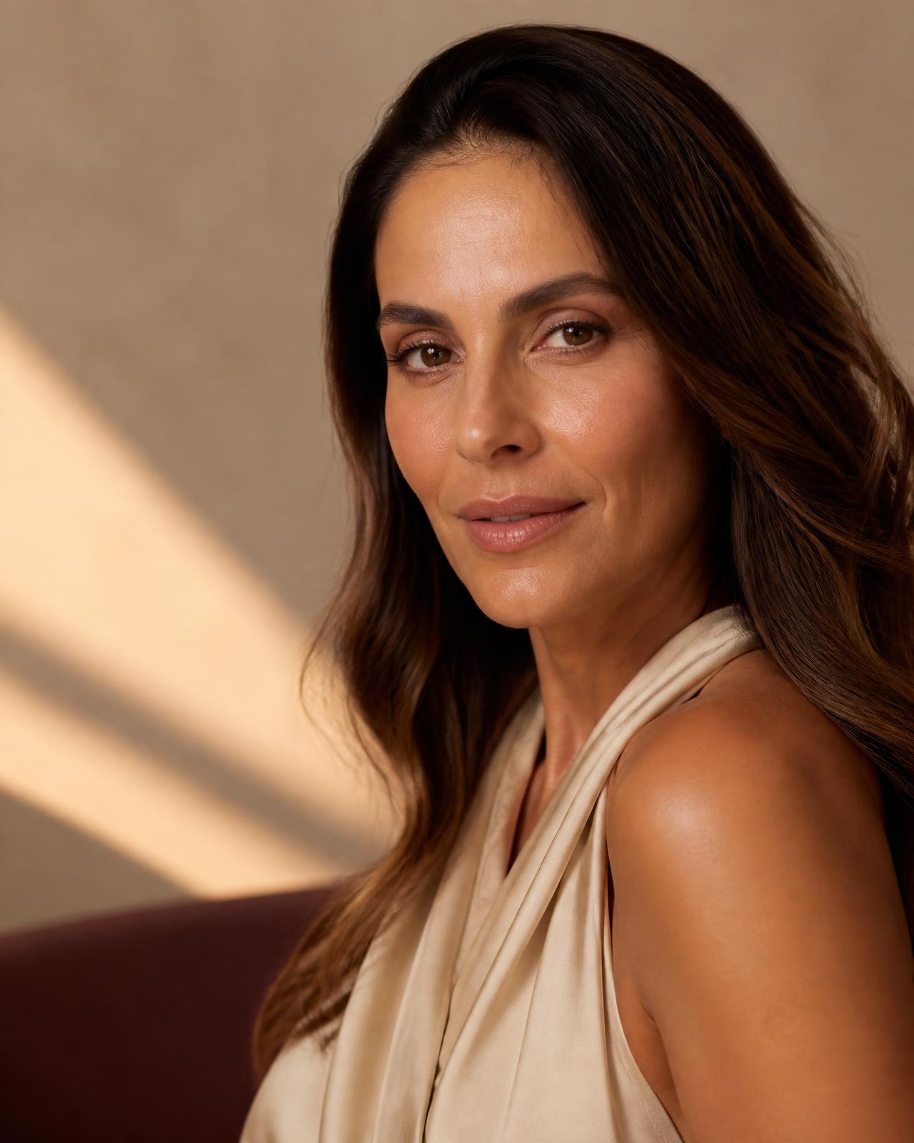 Mulher com pele natural em luz acolhedora